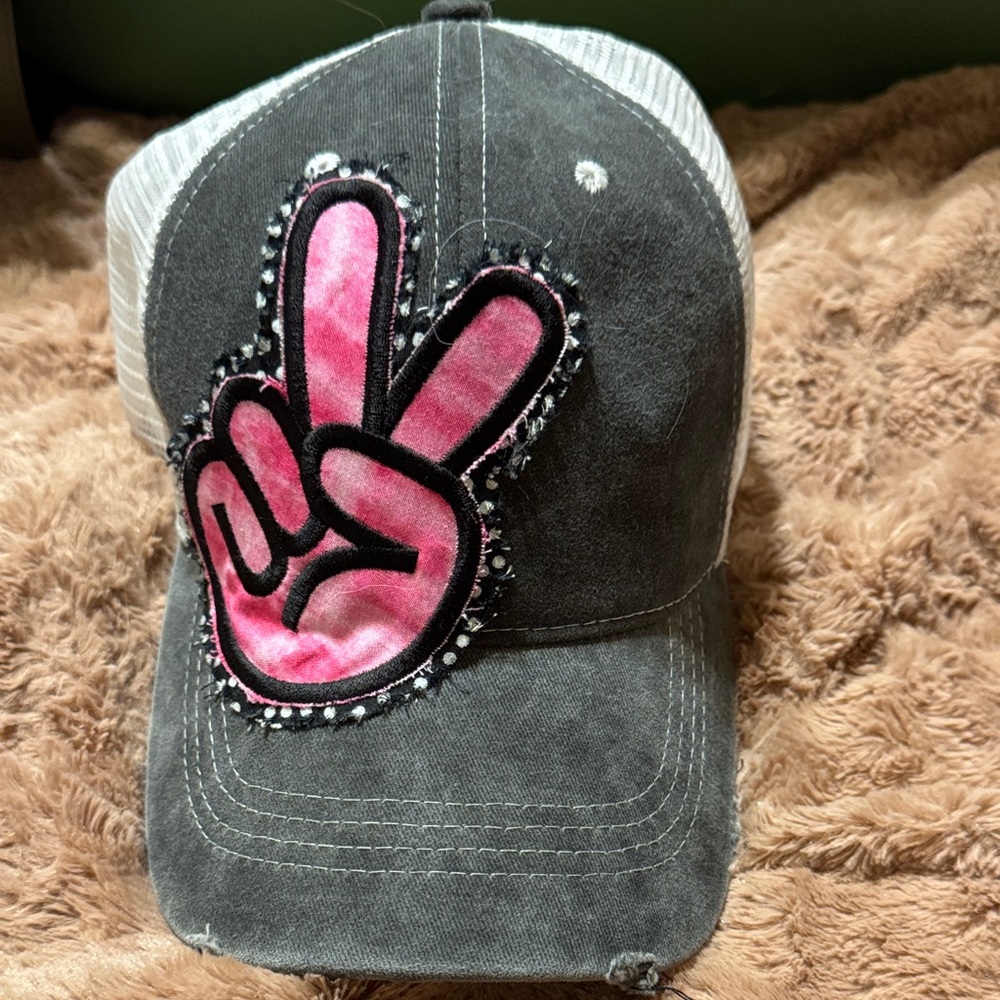 Women's Peace Sign Cap - Pink and Gray